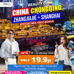 BEAUTY OF CHINA CHONGQING + ZHANGJIAJIE + SHANGHAI MULTIPLE BONUS SHANGHAI DISNEYLAND + DOMESTIC FLIGHT SHANGHAI TO ZHANGJIAJIE + MT. TIANZI CABLE CAR + TIANMENSHAN SCENIC SPOT + FAIRY MOUNTAIN SMALL TRAIN 15-23 Okt '25
