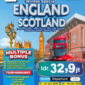 BATCH 1 - WINTER SPECIAL ENGLAND + SCOTLAND BONUS THE BEATLES STORY MUSEUM + THAMES RIVER CRUISE + ANFIELD STADIUM TOUR 13-24 Jan '26