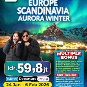 ROMANTIC TROMSO AURORA NORTHERN LIGHTS + NORTHERN EUROPE SCANDINAVIA WINTER MULTIPLE BONUS FREE DOMESTIC FLIGHT + CABLE CAR + WHALE WATCHING + HUSKY RIDING + REINDEER RIDE + TRAIN + OVERNIGHT CABIN SLEEPER 24 Jan - 6 Feb