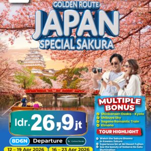 Batch 1 - JAPAN GOLDEN ROUTE SPECIAL SAKURA MULTIPLE BONUS SAGANO ROMANTIC TRAIN + SHINKANSEN + SHIBUYA SKY + KIMONO 12-19 Apr '26