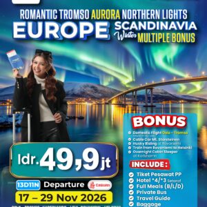 ROMANTIC TROMSO AURORA NORTHERN LIGHTS + NORTHERN EUROPE SCANDINAVIA WINTER MULTIPLE BONUS DOMESTIC FLIGHT + CABLE CAR + HUSKY RIDING + SLEEPER TRAIN AND FERRY + MEAL FULLBOARD 17-29 Nov '26