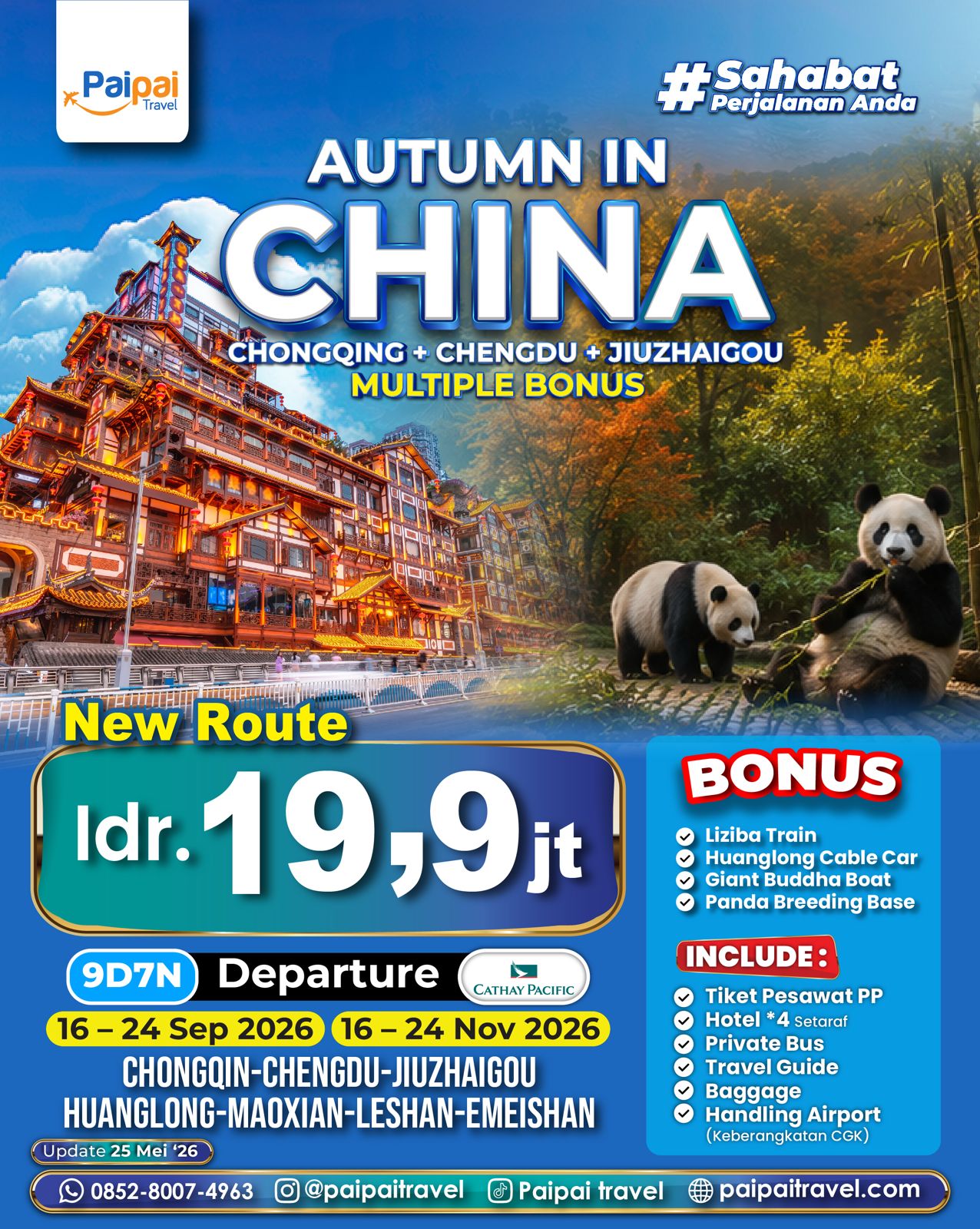 Paket Tour China Chongqing Chengdu Jiuzhaigou Autumn November 2026